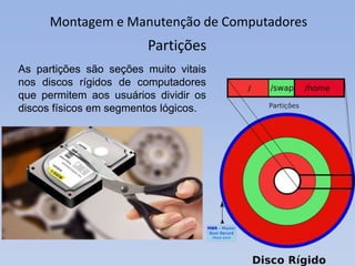 Montagem e Manutenção de Computadores
Partições
As partições são seções muito vitais
nos discos rígidos de computadores
que permitem aos usuários dividir os
discos físicos em segmentos lógicos.
 