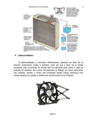 5
4. Eletroventilador
O eletroventilador é acionado eletricamente, gerando um fluxo de ar
forçado diretamente contra o radiador, toda vez que o fluxo de ar frontal
produzido pelo movimento do veículo não for suficiente para retirar o calor da
colméia do radiador. Isto ocorre normalmente no tráfego em baixa velocidade
nas cidades, usando o motor sob condições limites (carga excessiva com
aclives longos) ou quando o sistema de condicionador de ar é ligado.
Figura 2
 