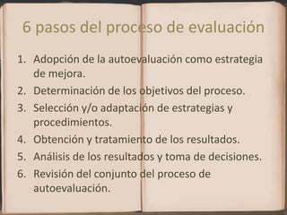 Dos tipos:6 pasos del proceso de evaluaciónAdopción de la autoevaluación como estrategia de mejora.Determinación de los objetivos del proceso.Selección y/o adaptación de estrategias y procedimientos.Obtención y tratamiento de los resultados.Análisis de los resultados y toma de decisiones.Revisión del conjunto del proceso de autoevaluación.