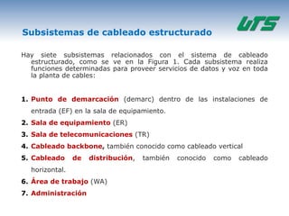 Subsistemas de cableado estructurado

Hay siete subsistemas relacionados con el sistema de cableado
  estructurado, como se ve en la Figura 1. Cada subsistema realiza
  funciones determinadas para proveer servicios de datos y voz en toda
  la planta de cables:


1. Punto de demarcación (demarc) dentro de las instalaciones de
  entrada (EF) en la sala de equipamiento.
2. Sala de equipamiento (ER)
3. Sala de telecomunicaciones (TR)
4. Cableado backbone, también conocido como cableado vertical
5. Cableado     de   distribución,   también   conocido   como   cableado
  horizontal.
6. Área de trabajo (WA)
7. Administración
 