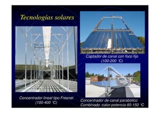 Tecnologías solares

Captador de canal con foco fijo
(100-200 °
C)

Concentrador lineal tipo Fresnel
(100-400 °
C)

Concentrador de canal parabólico
Combinado :calor-potencia 80-150 °
C

 