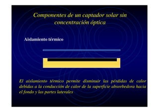 Componentes de un captador solar sin
concentración óptica
Aislamiento térmico

El aislamiento térmico permite disminuir las pérdidas de calor
debidas a la conducción de calor de la superficie absorbedora hacia
el fondo y las partes laterales

 