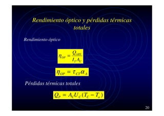 Rendimiento óptico y pérdidas térmicas
totales
Rendimiento óptico

η OP

QABS
=
I T AC

η OP = τ CTα A
Pérdidas térmicas totales

QP = ACU C ( TC − Ta )
20

 