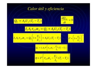 Calor útil y eficiencia
QU = ACU f ( TC − Tf )

dQAL
=0
dt

IT ACτ CTα A = QU + ACUC (TC − Ta )
 UC 
I T ACτ CTα A = QU  1 +
 U  + ACU C ( Tf − Ta )


f 

 UC 
F '=  1 +
 U 


f 



UC
QU = I T AC F ' τ CTα A −
( Tf − Ta )
IT





UC
η = F ' τ CTα A −
( Tf − Ta )
IT



−1
−1

 