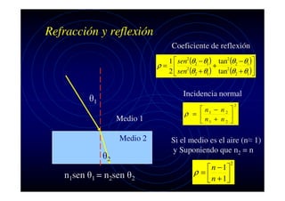 Refracción y reflexión
Coeficiente de reflexión
1  sen2 (θ2 − θ1 ) tan2 (θ2 − θ1 )
+ 2
ρ=  2
2  sen (θ2 + θ1 ) tan (θ2 + θ1 )


Incidencia normal

θ1
Medio 1
Medio 2

θ2
n1sen θ1 = n2sen θ2

 n − n2 
ρ =  1
n1 + n 2 



2

Si el medio es el aire (n≈ 1)
y Suponiendo que n2 = n

 n − 1
ρ=
 n + 1


2

 