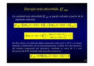 Energía neta absorbida, Q’ABS
La cantidad neta absorbida Q’ABS se puede calcular a partir de la
siguiente relación:
Q ' ABS = [(τα )ef (1 − E )(1 − S )]I D + [(τα )ef (1 − E )(1 − S )]i =500 I d
I
(τα )ef (1 − E )(1 − S )i =500 I d 
= [(τα )ef (1 − E )(1 − S )]I  D +
+ 
(τα )ef (1 − E )(1 − S ) I
I 
I

En días claros, la radiación difusa representa entre un 8 y 10 % y en áreas
húmedas o industriales son de aproximadamente el doble. El valor numérico
del término enmarcado por paréntesis cuadrado es cerca de 1 y con
frecuencia de 0.98. Simplificando para fines prácticos:

Q ' ABS = 0.98[(τα )ef (1 − E )(1 − S )]i I = fI
35

 