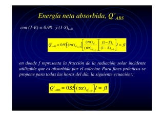 Energía neta absorbida, Q’ABS
con (1-E) = 0.98 y (1-S)I=0

[

Q' ABS = 0.93 (τα ) ef i = 0

 (τα ) ef   (1 − S )i 


 I = fI
(τα ) ef i = 0   (1 − S )¡= 0 





]

en donde f representa la fracción de la radiación solar incidente
utilizable que es absorbida por el colector. Para fines prácticos se
propone para todas las horas del día, la siguiente ecuación::

[

]

Q ' ABS = 0.85 (τα ) ef i = 0 I = fI

 