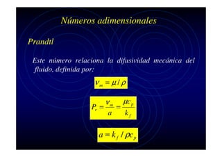 Números adimensionales
Prandtl
Este número relaciona la difusividad mecánica del
fluido, definida por:

νm = µ / ρ
Pr =

νm
a

=

µc p
kf

a = k f / ρc p

 