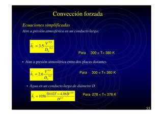 Convección forzada
Ecuaciones simplificadas
Aire a presión atmosférica en un conducto largo:

hc = 3.5

V 0.8
Dh

0.2

Para

300 < T< 380 K

• Aire a presión atmosférica entre dos placas distantes

hc = 2.6

V 0 .8
Dh

Para

300 < T< 380 K

0.2

• Agua en un conducto largo de diámetro D

hc

(0.02T − 4.06)V 0.8
= 1056

Para 278 < T< 378 K

D 0.2

55

 