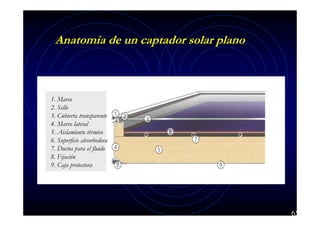 Anatomía de un captador solar plano

Marco
1. Marco
SelloSello
2.
Cubierta transparente
3. Cubierta transparente
Marco lateral
4. Marco lateral
Aislamiento térmico
5. Aislamiento térmico
Superficie absorbedora
6. Superficie absorbedora
Ductos para para el fluido
7. Ductos el fluido
Fijación
8. Fijación
CajaCaja protectora
9. protectora

65

 