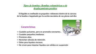  Caudales pulsantes, pero en promedio constantes..
 Caudales pequeños/medianos
 Presiones altas.
 Necesitan válvulas de retención.
 Útiles para líquidos viscosos.
 No sirven para impulsar líquidos con sólidos en suspensión
Tipos de bombas: Bombas volumétricas o de
desplazamiento positivo
El líquido es confinado en pequeños volúmenes dentro de la carcasa
de la bomba e impulsado por la acción mecánica de sus piezas móviles
Características
 