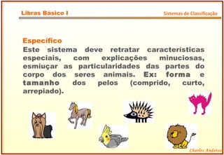 Específico Este sistema deve retratar características especiais, com explicações minuciosas, esmiuçar as particularidades das partes do corpo dos seres animais.  Ex: forma  e  tamanho  dos pelos (comprido, curto, arrepiado). Charles Anderson Libras Básico I Sistemas de Classificação 