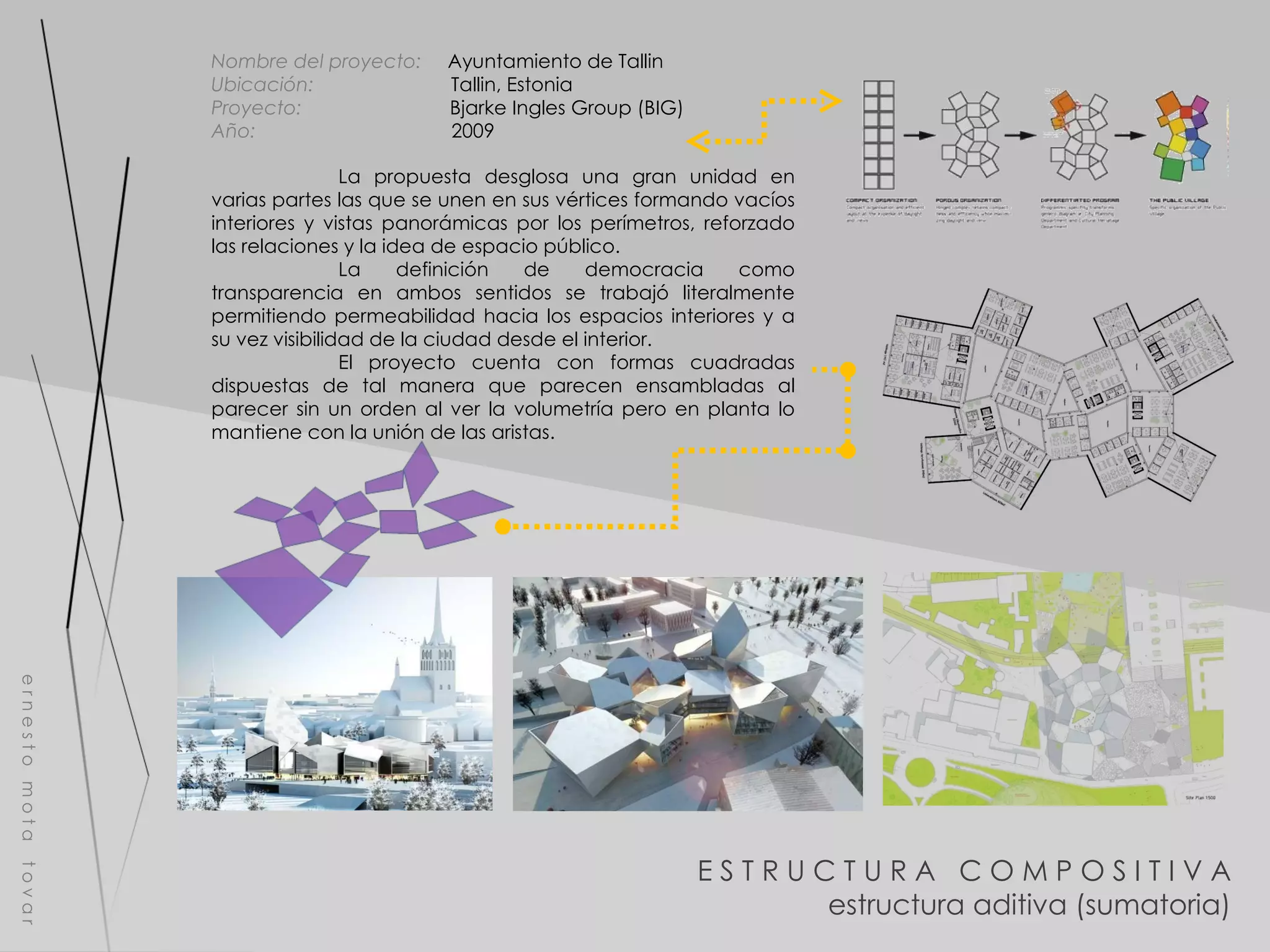 E S T R U C T U R A  C O M P O S I T I V A estructura aditiva (sumatoria) e r n e s t o  m o t a  t o v a r Nombre del proyecto:   Ayuntamiento de Tallin Ubicación:  Tallin, Estonia Proyecto:  Bjarke Ingles Group (BIG) Año:  2009 La propuesta desglosa una gran unidad en varias partes las que se unen en sus vértices formando vacíos interiores y vistas panorámicas por los perímetros, reforzado las relaciones y la idea de espacio público. La definición de democracia como transparencia en ambos sentidos se trabajó literalmente permitiendo permeabilidad hacia los espacios interiores y a su vez visibilidad de la ciudad desde el interior. El proyecto cuenta con formas cuadradas dispuestas de tal manera que parecen ensambladas al parecer sin un orden al ver la volumetría pero en planta lo mantiene con la unión de las aristas.  