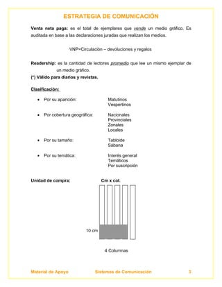 ESTRATEGIA DE COMUNICACIÓN
Venta neta paga: es el total de ejemplares que vende un medio gráfico. Es
auditada en base a las declaraciones juradas que realizan los medios.


                    VNP=Circulación – devoluciones y regalos


Readership: es la cantidad de lectores promedio que lee un mismo ejemplar de
             un medio gráfico.
(*) Válido para diarios y revistas.

Clasificación:

   •   Por su aparición:                 Matutinos
                                         Vespertinos

   •   Por cobertura geográfica:         Nacionales
                                         Provinciales
                                         Zonales
                                         Locales

   •   Por su tamaño:                    Tabloide
                                         Sábana

   •   Por su temática:                  Interés general
                                         Temáticos
                                         Por suscripción


Unidad de compra:                     Cm x col.




                            10 cm



                                       4 Columnas



Material de Apoyo                  Sistemas de Comunicación               3
 