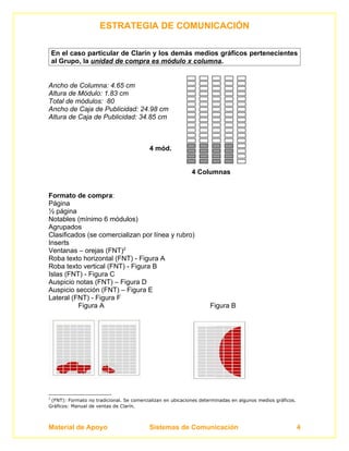 ESTRATEGIA DE COMUNICACIÓN

    En el caso particular de Clarín y los demás medios gráficos pertenecientes
    al Grupo, la unidad de compra es módulo x columna.


Ancho de Columna: 4.65 cm
Altura de Módulo: 1.83 cm
Total de módulos: 80
Ancho de Caja de Publicidad: 24.98 cm
Altura de Caja de Publicidad: 34.85 cm



                                          4 mód.


                                                            4 Columnas


Formato de compra:
Página
½ página
Notables (mínimo 6 módulos)
Agrupados
Clasificados (se comercializan por línea y rubro)
Inserts
Ventanas – orejas (FNT)2
Roba texto horizontal (FNT) - Figura A
Roba texto vertical (FNT) - Figura B
Islas (FNT) - Figura C
Auspicio notas (FNT) – Figura D
Auspicio sección (FNT) – Figura E
Lateral (FNT) - Figura F
          Figura A                                                 Figura B




2
 (FNT): Formato no tradicional. Se comercializan en ubicaciones determinadas en algunos medios gráficos.
Gráficos: Manual de ventas de Clarín.



Material de Apoyo                         Sistemas de Comunicación                                         4
 