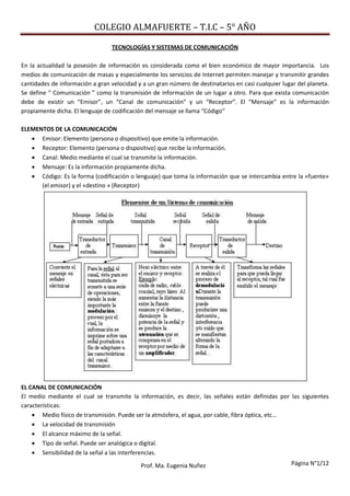 COLEGIO ALMAFUERTE – T.I.C – 5° AÑO
Página N°1/12Prof. Ma. Eugenia Nuñez
TECNOLOGÍAS Y SISTEMAS DE COMUNICACIÓN
En la actualidad la posesión de información es considerada como el bien económico de mayor importancia. Los
medios de comunicación de masas y especialmente los servicios de Internet permiten manejar y transmitir grandes
cantidades de información a gran velocidad y a un gran número de destinatarios en casi cualquier lugar del planeta.
Se define “ Comunicación ” como la transmisión de información de un lugar a otro. Para que exista comunicación
debe de existir un “Emisor”, un “Canal de comunicación” y un “Receptor”. El “Mensaje” es la información
propiamente dicha. El lenguaje de codificación del mensaje se llama “Código“
ELEMENTOS DE LA COMUNICACIÓN
 Emisor: Elemento (persona o dispositivo) que emite la información.
 Receptor: Elemento (persona o dispositivo) que recibe la información.
 Canal: Medio mediante el cual se transmite la información.
 Mensaje: Es la información propiamente dicha.
 Código: Es la forma (codificación o lenguaje) que toma la información que se intercambia entre la «fuente»
(el emisor) y el «destino » (Receptor)
EL CANAL DE COMUNICACIÓN
El medio mediante el cual se transmite la información, es decir, las señales están definidas por las siguientes
características:
 Medio físico de transmisión. Puede ser la atmósfera, el agua, por cable, fibra óptica, etc…
 La velocidad de transmisión
 El alcance máximo de la señal.
 Tipo de señal. Puede ser analógica o digital.
 Sensibilidad de la señal a las interferencias.
 