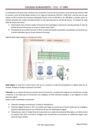 COLEGIO ALMAFUERTE – T.I.C – 5° AÑO
Página N°10/12Prof. Ma. Eugenia Nuñez
La modulación sirve para evitar interferencias y aumentar el alcance de las emisoras. Las emisoras que utilizan la AM
se conocen como de Onda Media (emiten en el rango de frecuencias 520 KHz a 1605 KHz), mientras que las que
utilizan la FM se llaman de Frecuencia Modulada (emiten entre los 88 MHz y los 108 MHz), y pueden emitir en
estéreo utilizando dos canales simultáneamente. Es más adecuada para la emisión de música. El receptor de radio
debe de realizar dos tareas:
 Sintonización de la emisora: Captar la frecuencia de la portadora y seleccionar está descartando el resto de
señales de otras frecuencias. Es lo que se conoce como “Dial”.
 Demodulación de la señal: Consiste en filtrar la señal eliminando la portadora y quedándose únicamente con
la señal moduladora que es la que contiene el mensaje.
Además debe luego amplificar y reproducir la señal.
Radio Digital: se hace de la misma forma solo que se convierte la onda electromagnética en digital antes de ser
enviada. Al llegar al receptor el proceso se invierte.
Televisión: es un sistema de telecomunicación para la transmisión y recepción de imágenes en movimiento y sonido
a distancia. Si las ondas para la transmisión son analógicas se llama televisión analógica. Si son digitales se llama
televisión digital.
Existen cuatro modalidades de televisión:
 Televisión analógica convencional. La señal es radioeléctrica
 Televisión digital terrestre o TDT: son señales que llegan al usuario por el mismo medio que las analógicas
(espacio radioeléctrico) pero con la diferencia de que van codificadas en digital.
 Televisión por cable. El medio físico de transmisión es un cable (normalmente fibra óptica y el último tramo
en coaxial). Hace años se emitía en analógico pero actualmente son emisiones en codificación digital y por
tanto de mayor calidad.
 