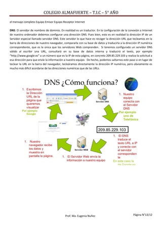 COLEGIO ALMAFUERTE – T.I.C – 5° AÑO
Página N°13/12Prof. Ma. Eugenia Nuñez
el mensaje completo Equipo Emisor Equipo Receptor Internet
DNS: O servidor de nombres de dominio. En realidad es un traductor. En la configuración de la conexión a Internet
de nuestro ordenador debemos configurar una dirección DNS. Pues bien, esto es en realidad la dirección IP de un
Servidor especial llamado servidor DNS. Este servidor lo que hace es recoger la dirección URL que tecleamos en la
barra de direcciones de nuestro navegador, compararla con su base de datos y traducirla a la dirección IP numérica
correspondiente, que es la única que los servidores Web comprenden. Si tenemos configurado un servidor DNS
válido al escribir una URL, consultará en su base de datos interna y traducirá el texto, por ejemplo
“http://www.google.es” a un número que es la IP de esta página, en concreto 209.85.229.103 y realiza la solicitud a
esa dirección para que envíe la información a nuestro equipo. De hecho, podemos saltarnos este paso si en lugar de
teclear la URL en la barra del navegador, tecleáramos directamente la dirección IP numérica, pero obviamente es
mucho más difícil acordarse de las direcciones numéricas que de las URLs.
 