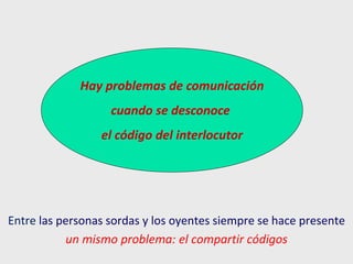 Entre las personas sordas y los oyentes siempre se hace presente
un mismo problema: el compartir códigos
Hay problemas de ...