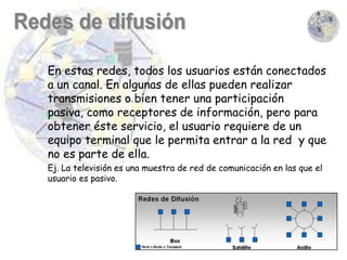En estas redes, todos los usuarios están conectados
a un canal. En algunas de ellas pueden realizar
transmisiones o bien tener una participación
pasiva, como receptores de información, pero para
obtener éste servicio, el usuario requiere de un
equipo terminal que le permita entrar a la red y que
no es parte de ella.
Ej. La televisión es una muestra de red de comunicación en las que el
usuario es pasivo.
 