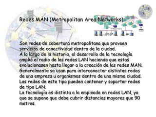 Redes MAN (Metropolitan Area Networks)



Son redes de cobertura metropolitana que proveen
servicios de conectividad dentro de la ciudad.
A lo largo de la historia, el desarrollo de la tecnología
amplió el radio de las redes LAN haciendo que estas
evolucionasen hasta llegar a la creación de las redes MAN.
Generalmente se usan para interconectar distintas redes
de una empresa u organismos dentro de una misma ciudad.
Las redes de este tipo pueden contener y soportar redes
de tipo LAN.
La tecnología es distinta a la empleada en redes LAN, ya
que se supone que debe cubrir distancias mayores que 90
metros.
 