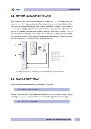 Sistemas de Conforto e Segurança 2.9
Vidros Eléctricos
2.4 - SISTEMA LIMITADOR DE BINÁRIO
Alguns sistemas têm um dispositivo de limitação de força (fig.2.12), que visa impedir que
partes do corpo dos ocupantes do veículo fiquem aprisionadas durante a subida dos vidros.
Para isso, utilizam-se sensores de efeito de Hall, integrados no motor, que controlam o
seu número de rotações enquanto em funcionamento. Se é detectada uma diminuição do
número de rotações, imediatamente o sistema inverte o sentido de rotação do motor. A
força de aprisionamento não deve exceder 100 N. Para que o vidro possa ser fechado
completamente, o sistema de limitação de força é desactivado quando o vidro entra na junta
da porta, mantendo-se o motor accionado até ao seu bloqueio.
1. Microprossedor
2. Relé de saída
3. Sinal dos comutadorse
4. Linha dados
5. Sensores Hall
Fig. 2.12 – Comando de elevador de vidros com limitação electrónica de força
2.5 - AVARIAS ELÉCTRICAS
As avarias eléctricas destes sistemas, podem ser as seguintes:
Não funciona nenhum elevador
Verificar se existe tensão na entrada e saída do relé, utilizando um voltímetro. Seguir o circuito
até chegar ao fusível.A causa do defeito será encontrada nalguma destas verificações.
Só não funciona um elevador
 