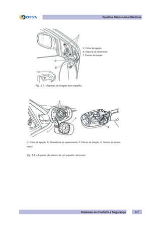 Sistemas de Conforto e Segurança 5.7
Espelhos Retrovisores Eléctricos
C. Ficha de ligação
E. Espuma de isolamento
T. Porcas de fixação
Fig. 5.7 – Aspecto da fixação dum espelho
C. Cabo de ligação; R. Resistência de aquecimento; P. Pernos de fixação; S. Sensor de tempe-
ratura
Fig. 5.8 – Aspecto do interior de um espelho retrovisor
 