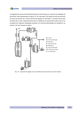 Sistemas de Conforto e Segurança
Sistemas de Desembaciamento
7.7
A integração do circuito de desembaciamento do óculo traseiro no conjunto da instalação do
automóvel, está representada na figura 7.8. Ao interruptor (35) chega corrente proveniente
da caixa de fusíveis (47). A partir da ficha de ligação do interruptor, a corrente deriva para
as fichas (81) e (30), respectivamente para a resistência de aquecimento (66) e para a luz
avisadora (E). Algumas instalações possuem um relé para alimentação da resistência, no
entanto, isto nem sempre acontece.
15. Fusível
30. Ficha de derivação
35. Interruptor
47. Caixa de fusíveis
66. Resistência
81. Ficha de derivação
101. Terminal de massa
E. Luz sinalizadora
Fig. 7.8 – Esquema de ligação de uma resistência de aquecimento do óculo traseiro
 