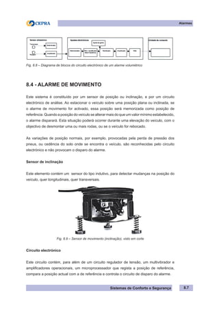 Sistemas de Conforto e Segurança
Alarmes
8.7
Fig. 8.8 – Diagrama de blocos do circuito electrónico de um alarme volumétrico
8.4 - ALARME DE MOVIMENTO
Este sistema é constituído por um sensor de posição ou inclinação, e por um circuito
electrónico de análise. Ao estacionar o veículo sobre uma posição plana ou inclinada, se
o alarme de movimento for activado, essa posição será memorizada como posição de
referência. Quando a posição do veículo se alterar mais do que um valor mínimo estabelecido,
o alarme disparará. Esta situação poderá ocorrer durante uma elevação do veículo, com o
objectivo de desmontar uma ou mais rodas, ou se o veículo for rebocado.
As variações de posição normais, por exemplo, provocadas pela perda de pressão dos
pneus, ou cedência do solo onde se encontra o veículo, são reconhecidas pelo circuito
electrónico e não provocam o disparo do alarme.
Sensor de inclinação
Este elemento contém um sensor do tipo indutivo, para detectar mudanças na posição do
veículo, quer longitudinais, quer transversais.
Fig. 8.9 – Sensor de movimento (inclinação), visto em corte
Circuito electrónico
Este circuito contém, para além de um circuito regulador de tensão, um multivibrador e
amplificadores operacionais, um microprocessador que regista a posição de referência,
compara a posição actual com a de referência e controla o circuito de disparo do alarme.
 