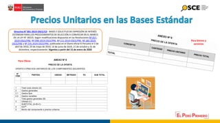 Directiva N° 001-2019-OSCE/CD - BASES Y SOLICITUD DE EXPRESIÓN DE INTERÉS
ESTÁNDAR PARA LOS PROCEDIMIENTOS DE SELECCIÓN A CONVOCAR EN EL MARCO
DE LA LEY N° 30225. Según modificaciones dispuestas en las Resoluciones Nº 057-
2019-OSCE/PRE, Nº 098-2019-OSCE/PRE, Nº 111-2019-OSCE/PRE, Nº 185-2019-
OSCE/PRE y Nº 235-2019-OSCE/PRE, publicadas en el Diario oficial El Peruano el 3 de
abril de 2019, 29 de mayo de 2019, 14 de junio de 2019, 21 de octubre y 31 de
diciembre, respectivamente. Vigentes a partir del 15 de enero de 2020
Para bienes y
servicios
Para Obras
 