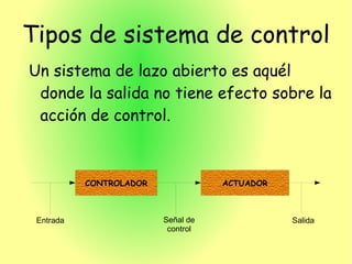 Controlador: utilizando los valores de la entrada y la respuesta obtenida (la realimentada), determina la acción que debe aplicarse para modificar las variables de control en base a la salida deseada. 