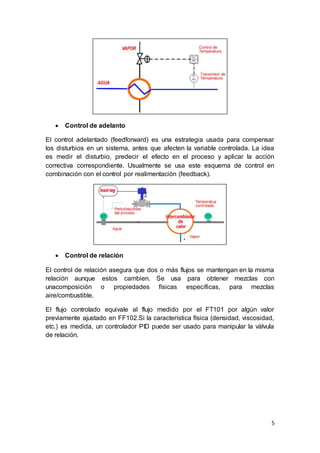 5
 Control de adelanto
El control adelantado (feedforward) es una estrategia usada para compensar
los disturbios en un sistema, antes que afecten la variable controlada. La idea
es medir el disturbio, predecir el efecto en el proceso y aplicar la acción
correctiva correspondiente. Usualmente se usa este esquema de control en
combinación con el control por realimentación (feedback).
 Control de relación
El control de relación asegura que dos o más flujos se mantengan en la misma
relación aunque estos cambien. Se usa para obtener mezclas con
unacomposición o propiedades físicas específicas, para mezclas
aire/combustible.
El flujo controlado equivale al flujo medido por el FT101 por algún valor
previamente ajustado en FF102.Si la característica física (densidad, viscosidad,
etc.) es medida, un controlador PID puede ser usado para manipular la válvula
de relación.
 