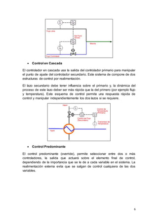 6
 Control en Cascada
El controlador en cascada usa la salida del controlador primario para manipular
el punto de ajuste del controlador secundario. Este sistema de compone de dos
estructuras de control por realimentación.
El lazo secundario debe tener influencia sobre el primario y, la dinámica del
proceso de este lazo deber ser más rápida que la del primero (por ejemplo flujo
y temperatura). Este esquema de control permite una respuesta rápida de
control y manipular independientemente los dos lazos si se requiere.
 Control Predominante
El control predominante (override), permite seleccionar entre dos o más
controladores, la salida que actuará sobre el elemento final de control,
dependiendo de la importancia que se le de a cada variable en el sistema. La
realimentación externa evita que se salgan de control cualquiera de las dos
variables.
 