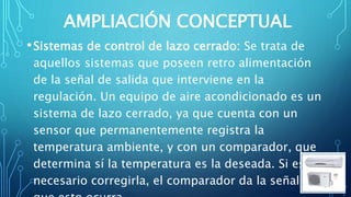 AMPLIACIÓN CONCEPTUAL
•Sistemas de control de lazo cerrado: Se trata de
aquellos sistemas que poseen retro alimentación
de la señal de salida que interviene en la
regulación. Un equipo de aire acondicionado es un
sistema de lazo cerrado, ya que cuenta con un
sensor que permanentemente registra la
temperatura ambiente, y con un comparador, que
determina sí la temperatura es la deseada. Si es
necesario corregirla, el comparador da la señal para
 