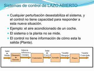 Sistemas de control de LAZO ABIERTO
 Cualquier perturbación desestabiliza el sistema, y
el control no tiene capacidad para responder a
esta nueva situación.
 Ejemplo: el aire acondicionado de un coche.
 El sistema o la planta no se mide.
 El control no tiene información de cómo esta la
salida (Planta).
 