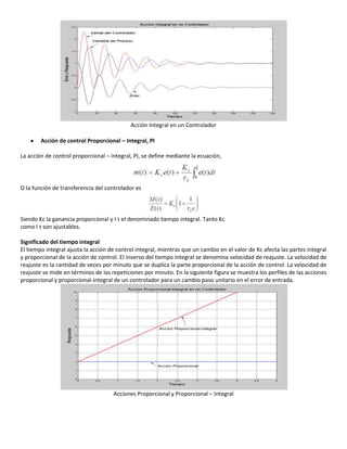 Acción Integral en un Controlador

        Acción de control Proporcional – Integral, PI

La acción de control proporcional – integral, PI, se define mediante la ecuación,




O la función de transferencia del controlador es



Siendo Kc la ganancia proporcional y I τ el denominado tiempo integral. Tanto Kc
como I τ son ajustables.

Significado del tiempo integral
El tiempo integral ajusta la acción de control integral, mientras que un cambio en el valor de Kc afecta las partes integral
y proporcional de la acción de control. El inverso del tiempo integral se denomina velocidad de reajuste. La velocidad de
reajuste es la cantidad de veces por minuto que se duplica la parte proporcional de la acción de control. La velocidad de
reajuste se mide en términos de las repeticiones por minuto. En la siguiente figura se muestra los perfiles de las acciones
proporcional y proporcional-integral de un controlador para un cambio paso unitario en el error de entrada.




                                     Acciones Proporcional y Proporcional – Integral
 