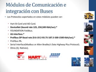 Módulos de Comunicación e
integración con Buses
• Los Protocolos soportados en estos módulos pueden ser:

   •   Hart AI-Card and AO-Card.
   •   DeviceNet (baund rate 125, 250,500 Kbit/sec).*
   •   FOUNDATION Fieldbus.
   •   AS-Interface.*
   •   Profibus DP Baud rate (9.6-19.2-93.75-187.5-500-1500 Kbit/sec).*
   •   Profibus PA.
   •   Serial Interface(Modbus or Allen Bradley’s Data Highway Plus Protocol).
   •   Otros (Ej: Nativos).
 