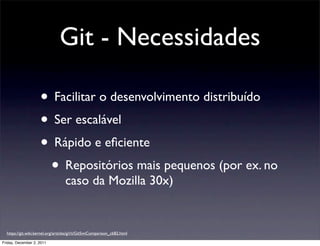 Git - Necessidades

                     • Facilitar o desenvolvimento distribuído
                     • Ser escalável
                     • Rápido e eﬁciente
                      • Repositórios mais pequenos (por ex. no
                                   caso da Mozilla 30x)


  https://git.wiki.kernel.org/articles/g/i/t/GitSvnComparison_cb82.html

Friday, December 2, 2011
 