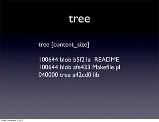 tree
                           tree [content_size]

                           100644 blob b5f21a README
                           100644 blob afe433 Makeﬁle.pl
                           040000 tree a42cd0 lib




Friday, December 2, 2011
 