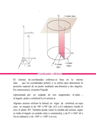 Coordenadas esféricas
El sistema de coordenadas esféricas se basa en la misma
idea que las coordenadas polares y se utiliza para determinar la
posición espacial de un punto mediante una distancia y dos ángulos.
En consecuencia, un punto Pqueda
representado por un conjunto de tres magnitudes: el radio ,
el ángulo polar o colatitud θ y el azimut φ.
Algunos autores utilizan la latitud, en lugar de colatitud, en cuyo
caso su margen es de -90° a 90° (de -π/2 a π/2 radianes), siendo el
cero el plano XY. También puede variar la medida del azimut, según
se mida el ángulo en sentido reloj o contrarreloj, y de 0° a 360° (0 a
2π en radianes) o de -180° a +180° (-π a π).
 