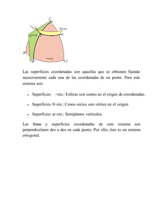 Las superficies coordenadas son aquellas que se obtienen fijando
sucesivamente cada una de las coordenadas de un punto. Para este
sistema son:
 Superficies =cte.: Esferas con centro en el origen de coordenadas.
 Superficies θ=cte.: Conos rectos con vértice en el origen.
 Superficies φ=cte.: Semiplanos verticales.
Las líneas y superficies coordenadas de este sistema son
perpendiculares dos a dos en cada punto. Por ello, éste es un sistema
ortogonal.
 