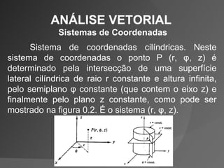 ANÁLISE VETORIAL  Sistemas de Coordenadas Sistema de coordenadas cilíndricas. Neste sistema de coordenadas o ponto P (r, φ, z) é determinado pela intersecção de uma superfície lateral cilíndrica de raio r constante e altura infinita, pelo semiplano φ constante (que contem o eixo z) e finalmente pelo plano z constante, como pode ser mostrado na figura 0.2. É o sistema (r, φ, z).  