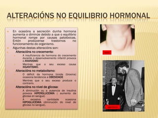 ALTERACIÓNS NO EQUILIBRIO HORMONAL
    En ocasións a secreción dunha hormona
     aumenta o diminúe debido a que o equilibrio
     hormonal rompe por causas patolóxicas.
     Entón      prodúcense      trastornos   no
     funcionamento do organismo.
    Algunhas destas alteracións son:
a.     Alteracións no crecemento:                          bocio
             A insuficiencia da hormona do crecemento
              durante o desenvolvemento infantil provoca
              o ANANISMO
             Mentres que o seu exceso causa
              XIGANTISMO.
b.       Alteracións no metabolismo:
             O déficit da hormona tiroide (tiroxina)
              ocasiona tendencia a OBESIDADE
             Mentres que o seu exceso produce o
              contrario.
c.       Alteracións no nivel de glicosa:
             A diminución ou a ausencia de insulina
              provoca HIPERGLUCEMIA ( aumento da
              glicosa en sangue)
             A      excesiva     cantidade ocasiona
              HIPOGLUCEMIA (diminución do nivel de
              glicosa no sangue).
                                                              xigantismo
 