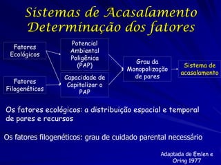 Sistemas de Acasalamento
Determinação dos fatores
Fatores
Ecológicos

Fatores
Filogenéticos

Potencial
Ambiental
Poligênica
(PAP)

Capacidade de
Capitalizar o
PAP

Grau da
Monopolização
de pares

Sistema de
acasalamento

Os fatores ecológicos: a distribuição espacial e temporal
de pares e recursos
Os fatores filogenéticos: grau de cuidado parental necessário
Adaptada de Emlen e
Oring 1977

 