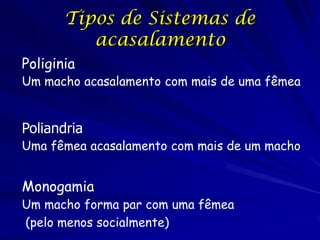 Tipos de Sistemas de
acasalamento
Poliginia

Um macho acasalamento com mais de uma fêmea

Poliandria
Uma fêmea acasalamento com mais de um macho

Monogamia

Um macho forma par com uma fêmea
(pelo menos socialmente)

 