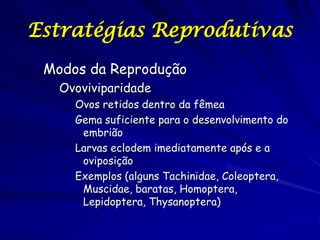 Estratégias Reprodutivas
Modos da Reprodução
Ovoviviparidade
Ovos retidos dentro da fêmea
Gema suficiente para o desenvolvimento do
embrião
Larvas eclodem imediatamente após e a
oviposição
Exemplos (alguns Tachinidae, Coleoptera,
Muscidae, baratas, Homoptera,
Lepidoptera, Thysanoptera)

 