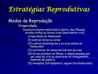 Estratégias Reprodutivas
Modos da Reprodução
Viviparidade

Desenvolvimento embrionário dentro das fêmeas;
produz ninfas ou larvas vivas (nascimento vivo)
viviparidade do hemocoelo
(1) ovários livres no corpo
(2) ovários desintegram e os ovos soltos no
hemocoelo
(3) nutrientes do hemocoel nutrem os ovos
(4) larvas eclodem na fêmea, e depois passam por
um canal de cria ou aberturas no integumento,
dependo da espécie
(5) exemplos (Strepsiptera, alguns Cecidiomyiidae)

 