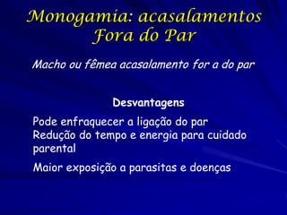 Monogamia: acasalamentos
Fora do Par
Macho ou fêmea acasalamento for a do par
Desvantagens

Pode enfraquecer a ligação do ...
