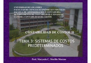 UNIVERIDAD DE LOS ANDES
FACULTAD DE CIENCIAS ECONÓMICAS Y SOCIALES
ESCUELA DE ADMNISTRACIÒN Y CONTADURÍA
DEPARTAMENTO DE CONTABILIDAD Y FINANZAS
CÁTEDRA CONTABILIDAD DE COSTOS




         CONTABILIDAD DE COSTOS II

    TEMA 3: SISTEMAS DE COSTOS
       PREDETERMINADOS


              Prof. Marysela C. Morillo Moreno
 