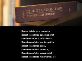 Ramas del derecho canónico
Derecho canónico constitucional
Derecho canónico fundamental
Derecho canónico administrativo
Derecho canónico penal,
Derecho canónico procesal,
Derecho canónico sacramental,
Derecho canónico matrimonial, etc.
 
